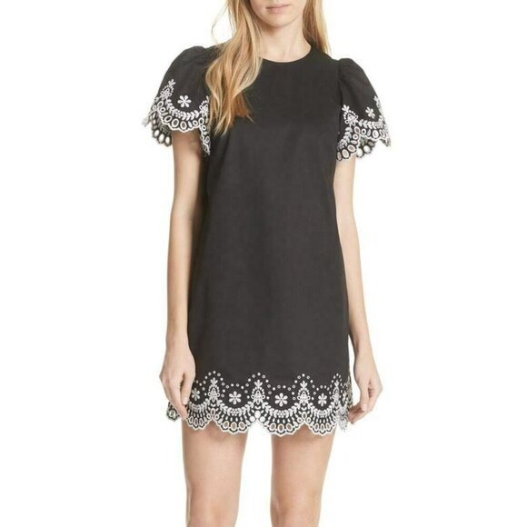 Kate Spade Mini Dress Small Black Short Sleeve Shift Cotton Floral Embroidered - Picture 9 of 12